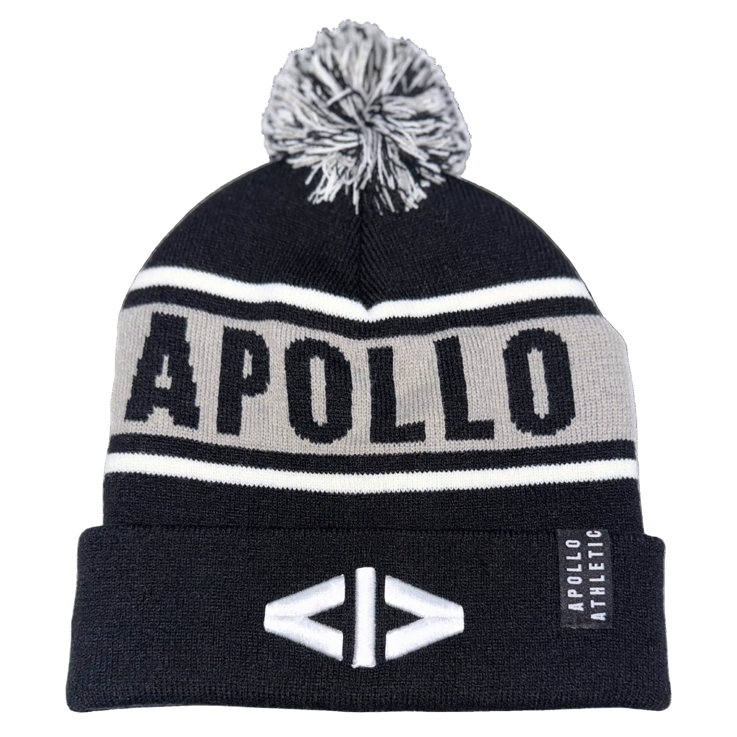 Black beanie with pom-pom and 'Apollo' branding on a white background