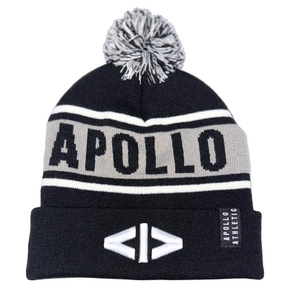 Black beanie with pom-pom and 'Apollo' branding on a white background