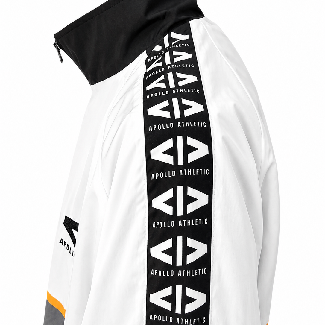 White athletic jacket with black logo strip on a white background