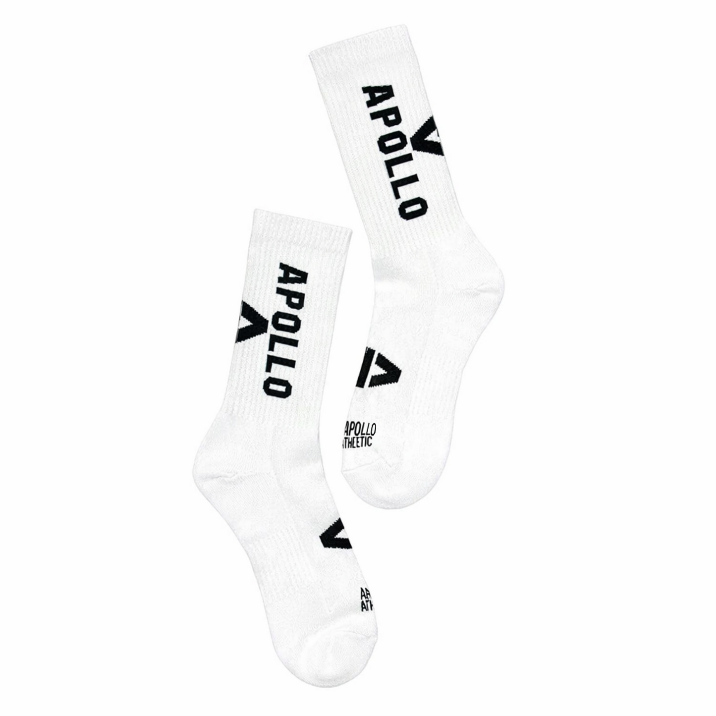 White socks with black 'Apollo' logo on a white background