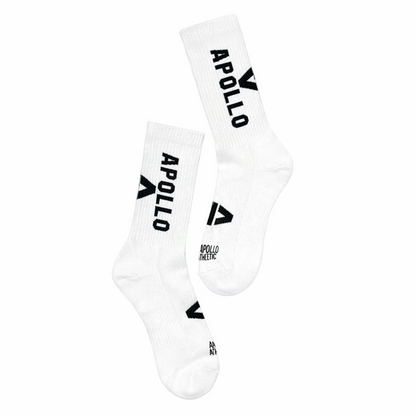 White socks with black 'Apollo' logo on a white background